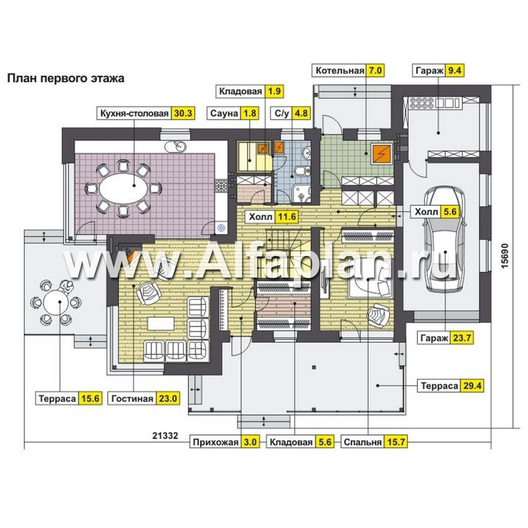Проект дома с мансардой, план со спальней на 1 эт и мастер спальня на 2 эт, с террасой и гаражом, в современном стиле - план дома