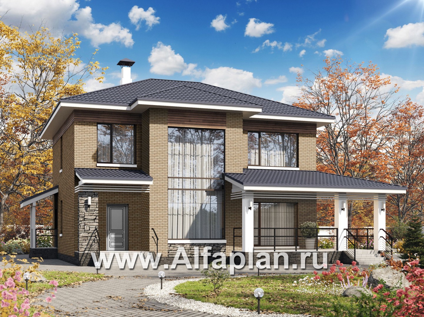 «Светлая полоса» - проект двухэтажного дома, современный стиль, со вторым светом в гостиной - основное изображение