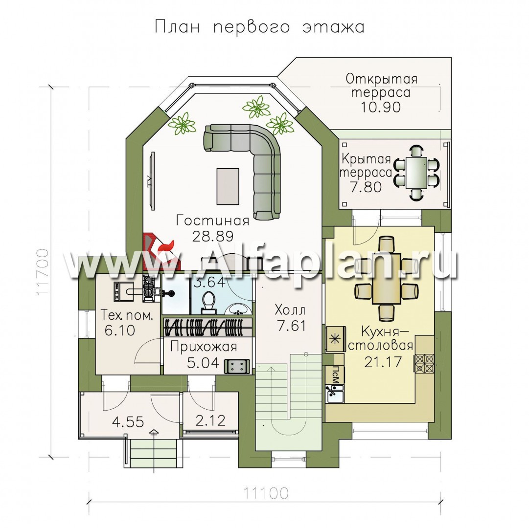 «Ожерелье» - проект  дома с мансардой, с красивым эркером в гостиной и с террасой в стиле шале - план дома