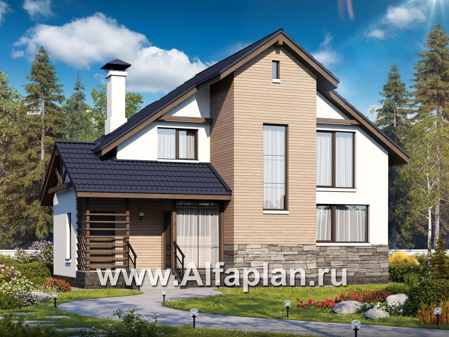 «Ожерелье» - проект  дома с мансардой, с красивым эркером в гостиной и с террасой в стиле шале - основное изображение