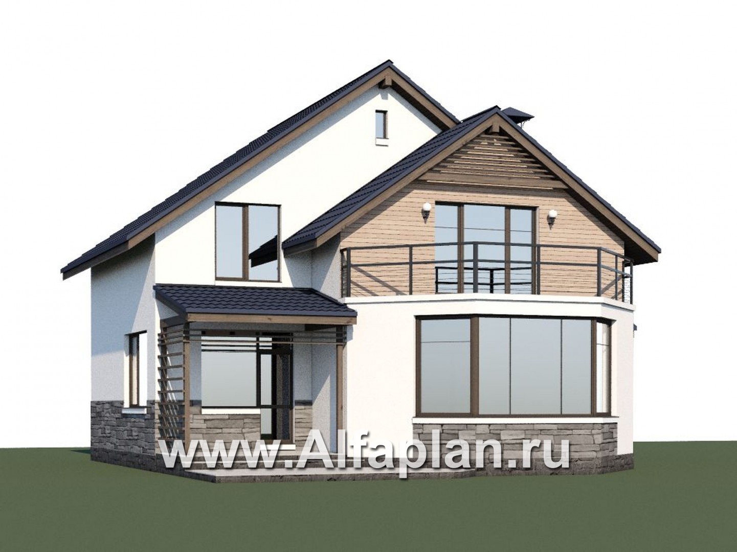 «Ожерелье» - проект  дома с мансардой, с красивым эркером в гостиной и с террасой в стиле шале - дизайн дома №1