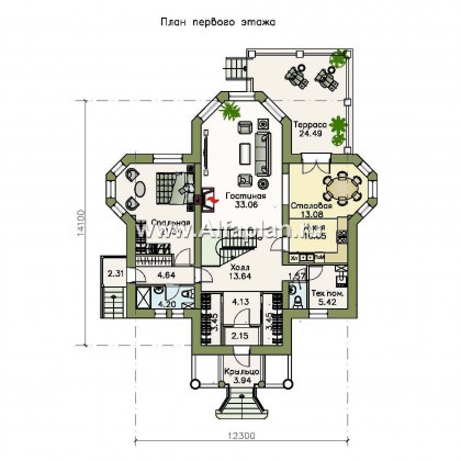 «Петровское барокко» - проект двухэтажного дома, лестница в центре гостиной, с эркером и с террасой - превью план дома