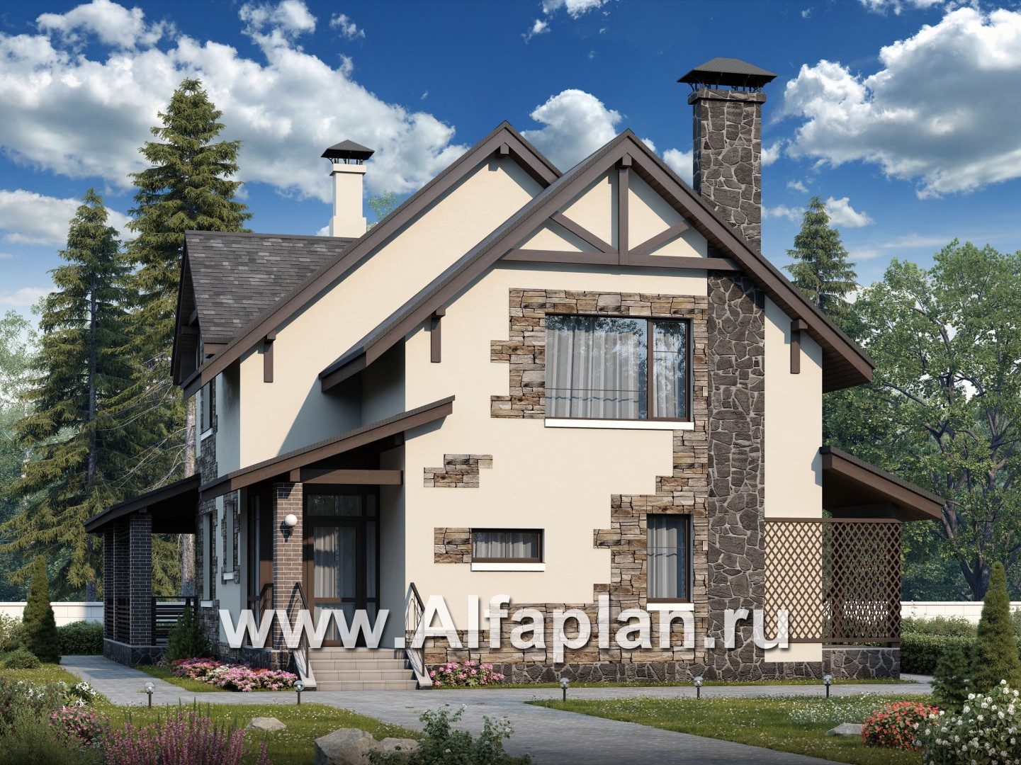 «Роза ветров» - проект дома с мансардой, в скандинавском стиле для узкого участка, с летней куxней - основное изображение