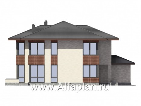 Проект двухэтажного дома, планировка с кабинетом и с гаражом, с террасой, в современном стиле - превью фасада дома