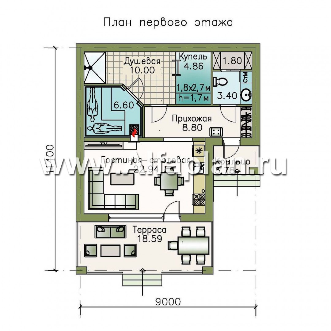 Проекты домов Альфаплан - Баня с небольшим бассейном и террасой - изображение плана проекта №1