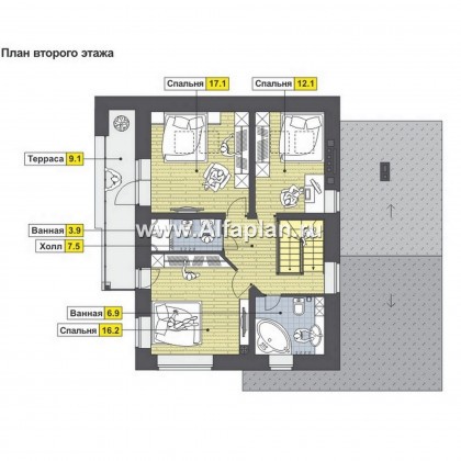 Проект дома с мансардой, план с кабинетом на 1 эт и с сауной, в современном стиле - превью план дома