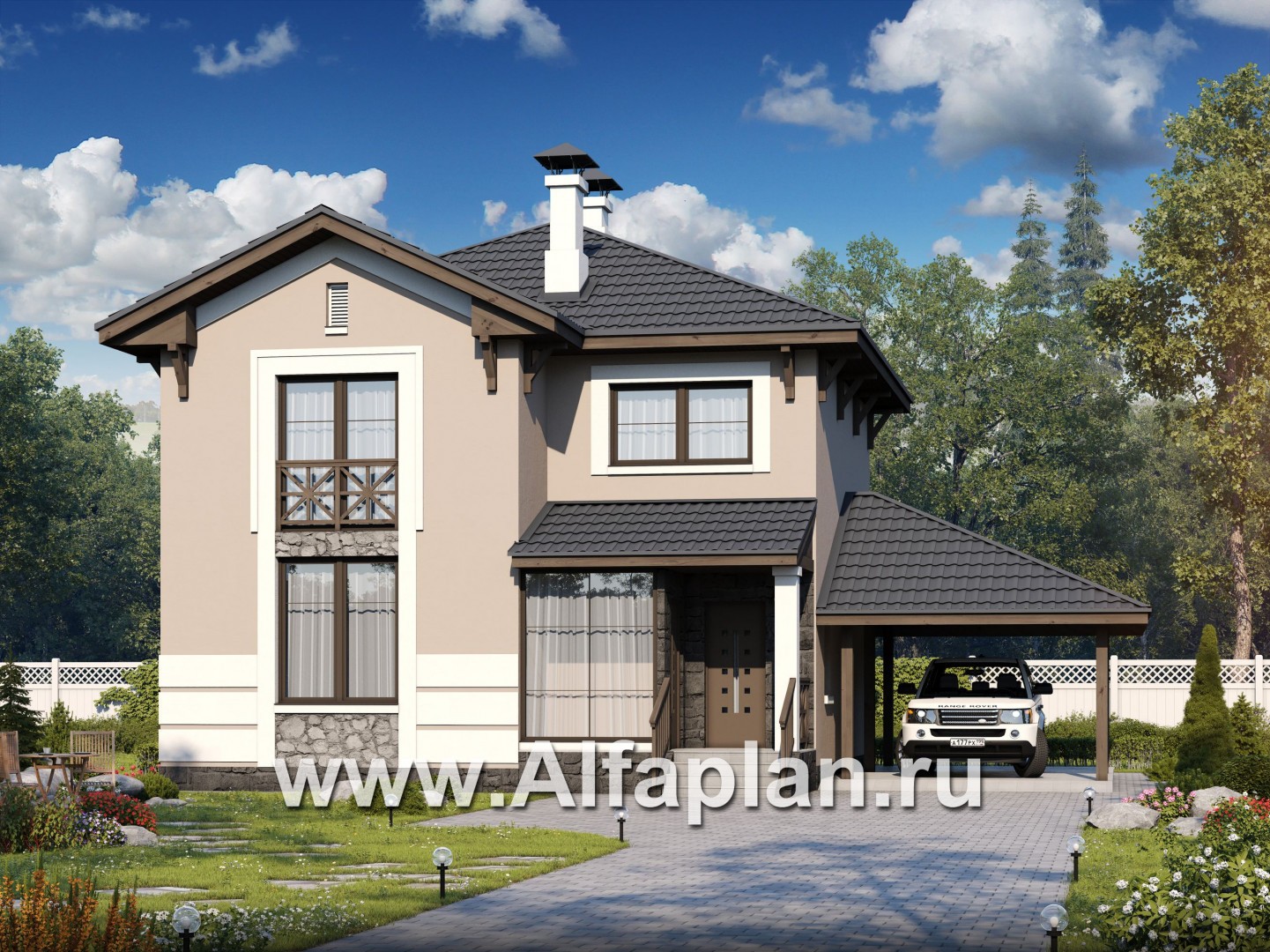 Проекты домов Альфаплан - Кирпичный дом «Собственный рай» с навесом для машины - основное изображение