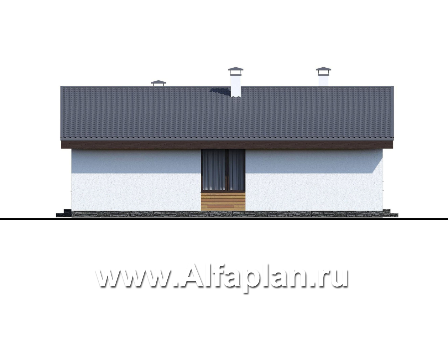 Проекты домов Альфаплан - «Калисто» - проект одноэтажного дома,  в скандинавском стиле, с террасой и с островным камином - изображение фасада №2