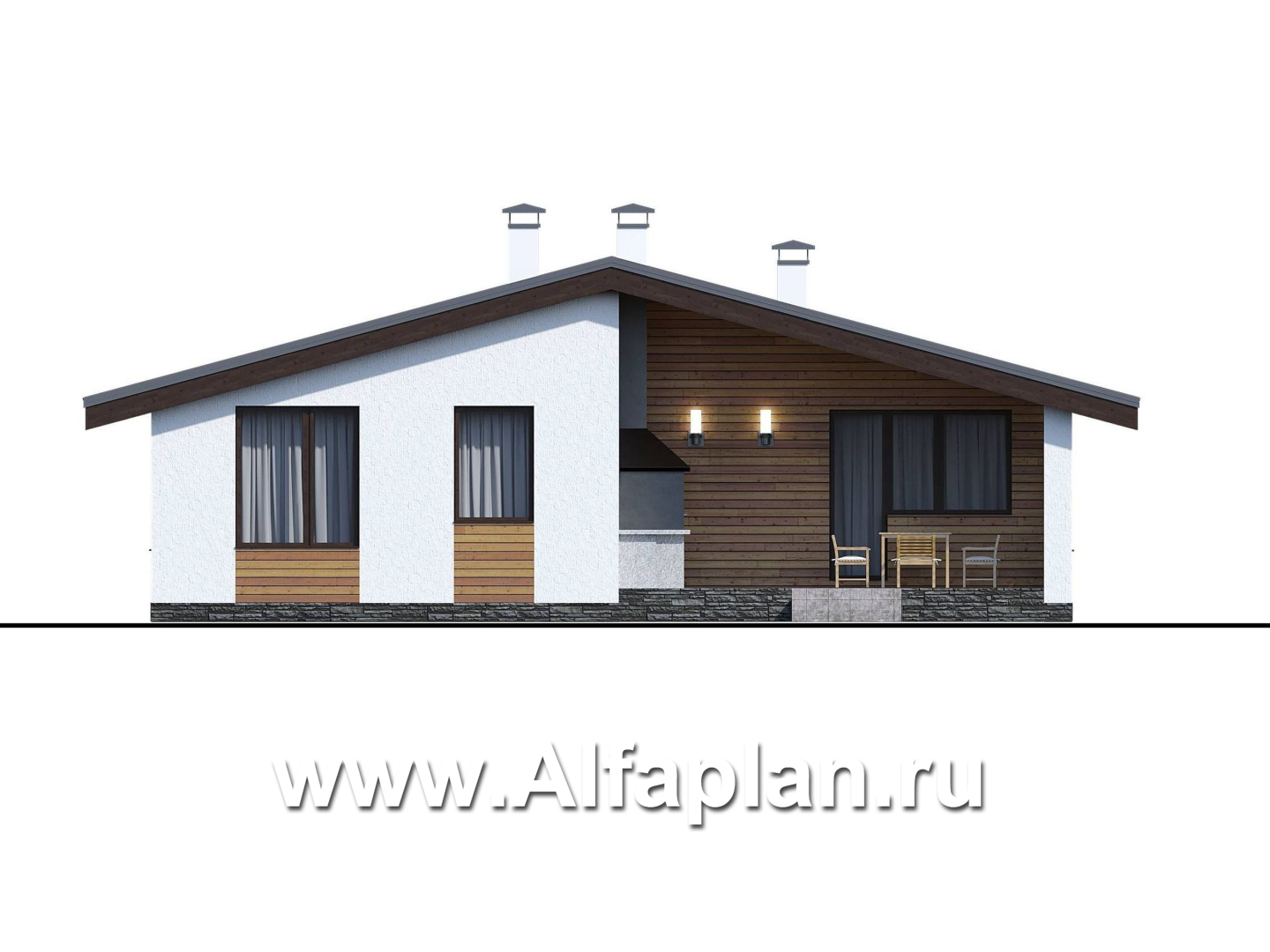 Проекты домов Альфаплан - «Калисто» - проект одноэтажного дома,  в скандинавском стиле, с террасой и с островным камином - изображение фасада №4