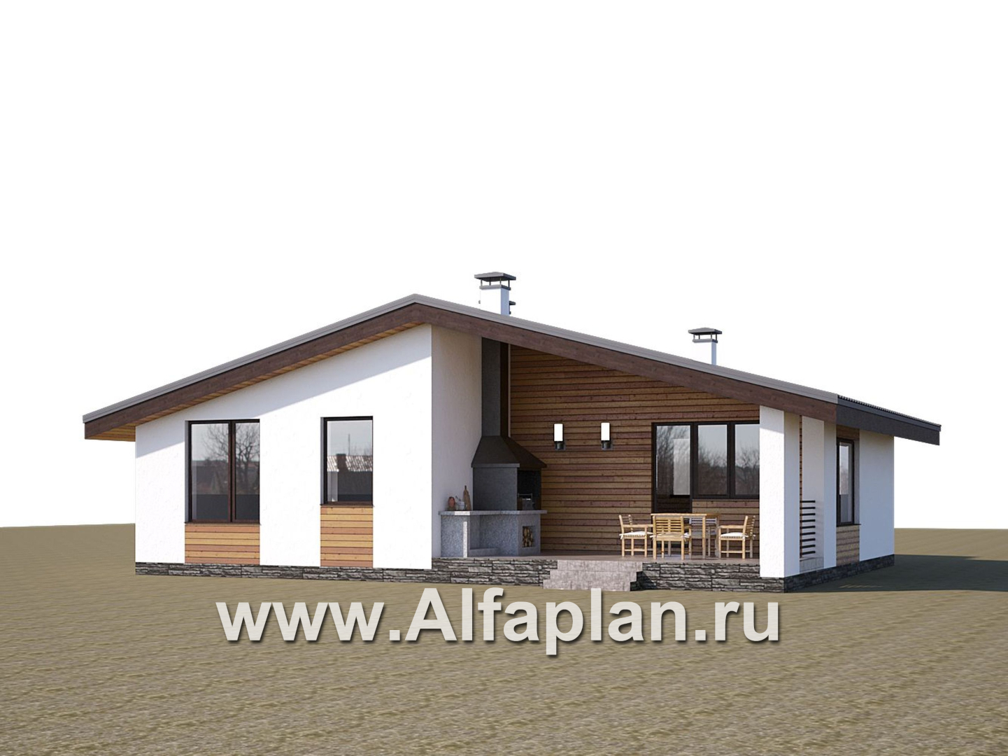 Проекты домов Альфаплан - «Калисто» - проект одноэтажного дома,  в скандинавском стиле, с террасой и с островным камином - дополнительное изображение №2