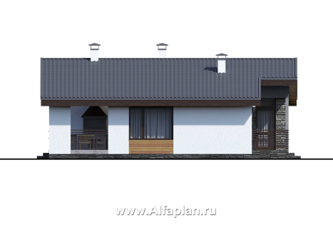 Проекты домов Альфаплан - «Калисто» - проект одноэтажного дома,  в скандинавском стиле, с террасой и с островным камином - превью фасада №3