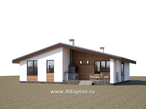 Проекты домов Альфаплан - «Калисто» - проект одноэтажного дома,  в скандинавском стиле, с террасой и с островным камином - превью дополнительного изображения №2