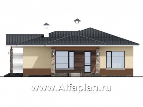 Проекты домов Альфаплан - «Мелета» - проект одноэтажного дома из газобетона, 3 спальни, с террасой, в современном стиле - превью фасада №2