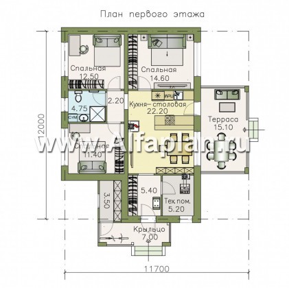 Проекты домов Альфаплан - «Мелета» - проект одноэтажного дома из газобетона, 3 спальни, с террасой, в современном стиле - превью плана проекта №1