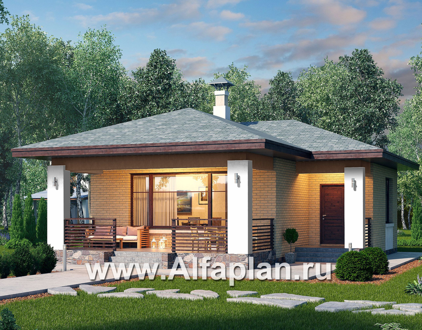 Проекты домов Альфаплан - «Виньон» - проект одноэтажного дома с большой террасой - основное изображение