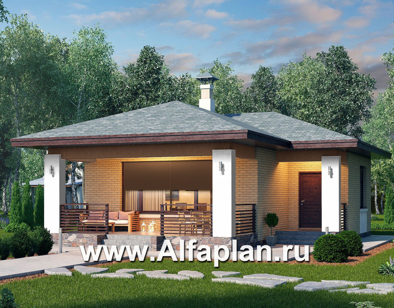Проекты домов Альфаплан - «Виньон» - проект одноэтажного дома с большой террасой - дополнительное изображение №1
