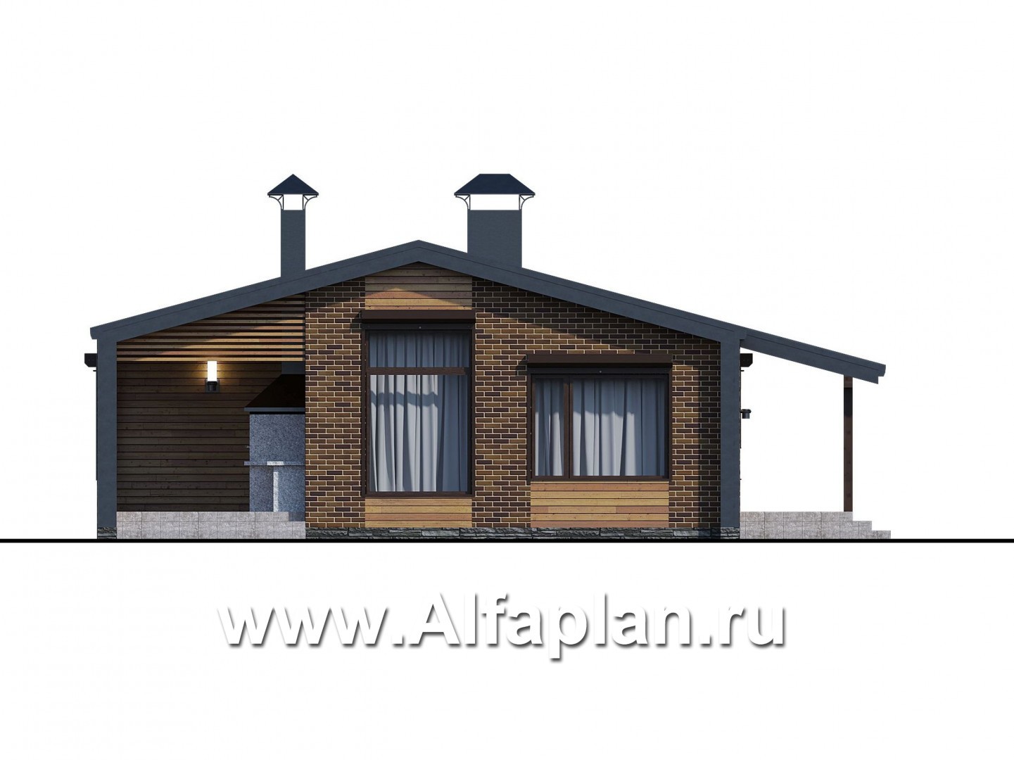 Проекты домов Альфаплан - «Йота» -  проект одноэтажного домав стиле барн, с террасой сбоку, 3 спальни - изображение фасада №1