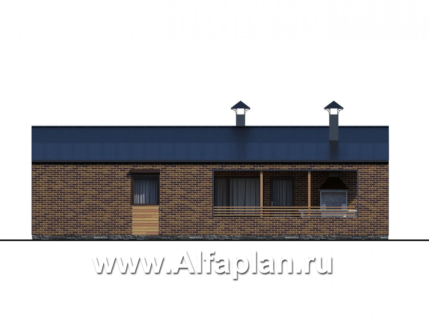 Проекты домов Альфаплан - «Йота» -  проект одноэтажного домав стиле барн, с террасой сбоку, 3 спальни - изображение фасада №3